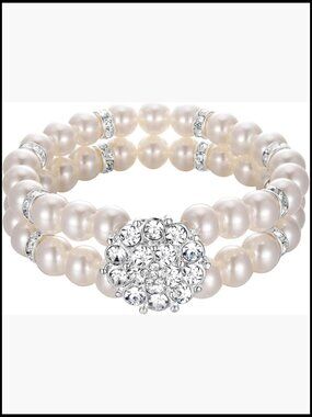 Stretch Bracelet Vintage Crystal Pearl Halo Double Row Strand Wedding Accessory